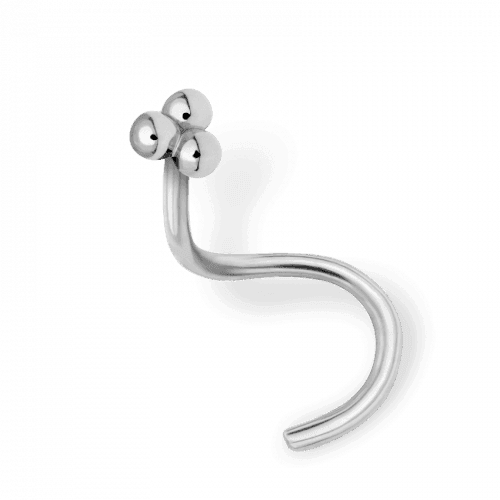 Maria Tash Næse piercing Ball Trinity 14kt hvidguld viser buet næsesmykke med tre blanke kugler, Model N3BTR-W-1.