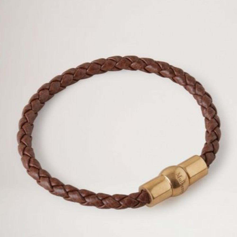 Mulberry Iris Woven Leather Bracelet, brun fletlæderarmbånd med gylden magnetlås, Model QB2375552G110-001