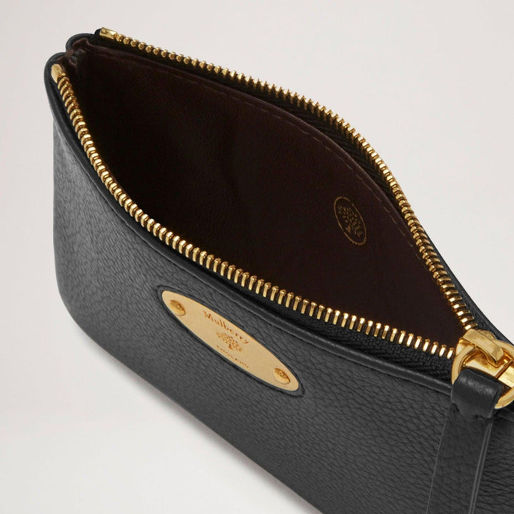 Mulberry Plaque Small Zip Coin Pouch i sort læder med guld lynlås og metalplade, Model RL5682013A100