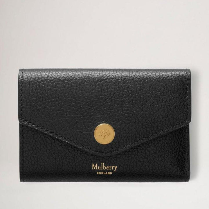 Mulberry Pung Folded Multi Card Wallet Black med struktureret sort læder og gylden knap, Model RL6447205A100