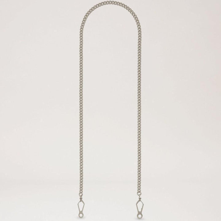Mulberry Silver Chain Strap vist på hvid baggrund, elegant sølvfarvet kæderem i metal, Model rx0028669d111