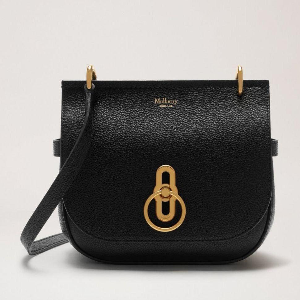 Mulberry Small Amberley Satchel Small Classic Grain Black, sort lædertaske med gulddetaljer, Model HH4966205A100