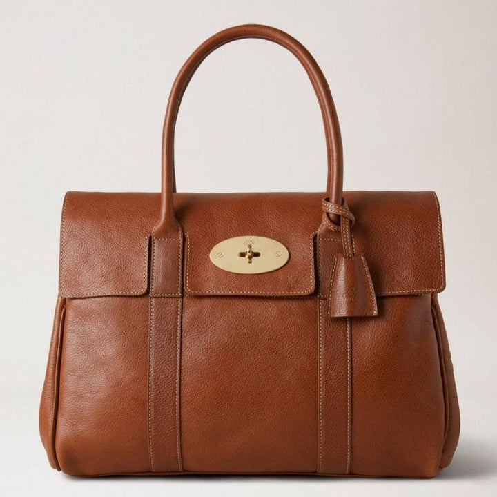 Mulberry Bayswater Legacy brun lædertaske, forside med guld-tone spænde, model NVT-88609