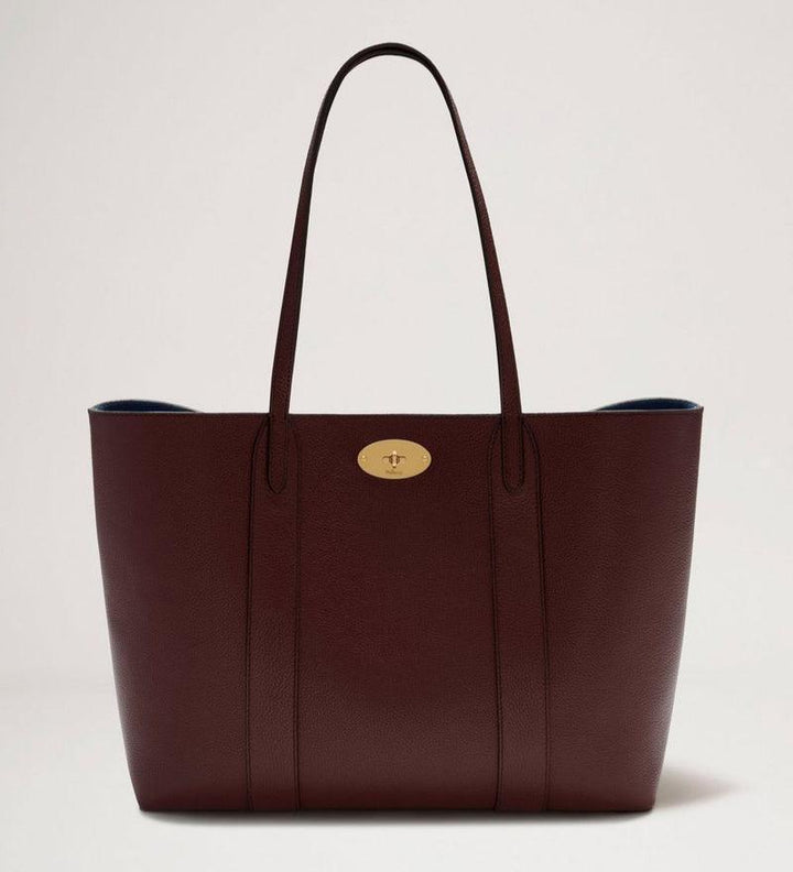 Mulberry Bayswater Tote burgundy læder taske, forside med guldfarvet lås, 74204