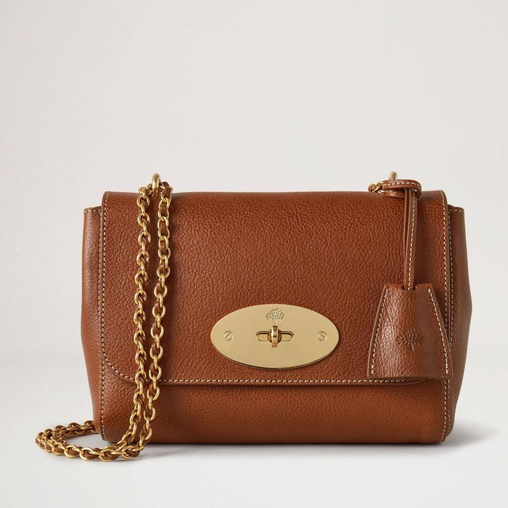 Mulberry Taske Lily Legacy NVT viser en brun læder skuldertaske med gyldenkæde og guldlås. Model HH7945275G110