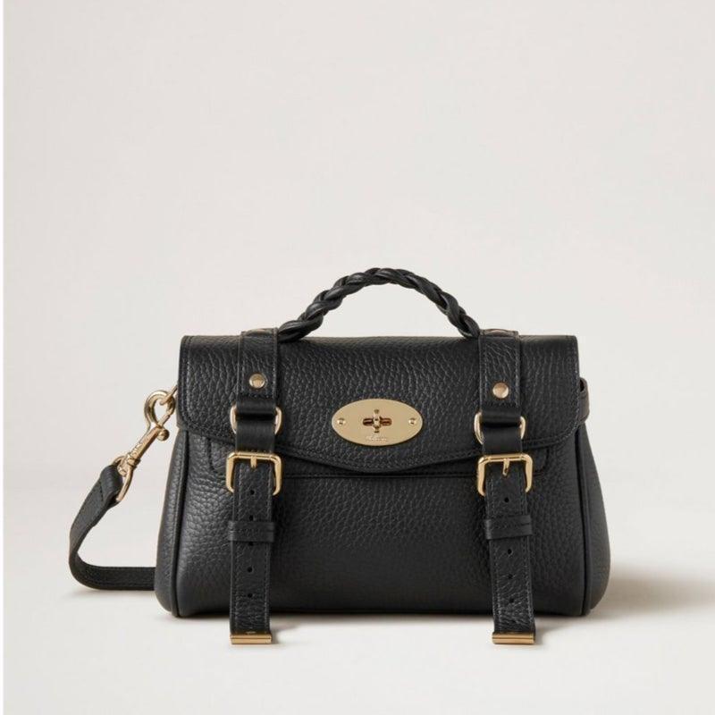 Mulberry Taske Mini Alexa Heavy Grain Black med flettet hank og gulddetaljer, Model RL6595736A100.