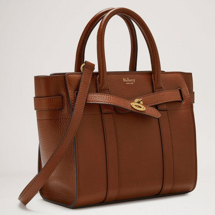 Mulberry Mini Zipped Bayswater taske i oak læder, forside med gulddetaljer, model 16258