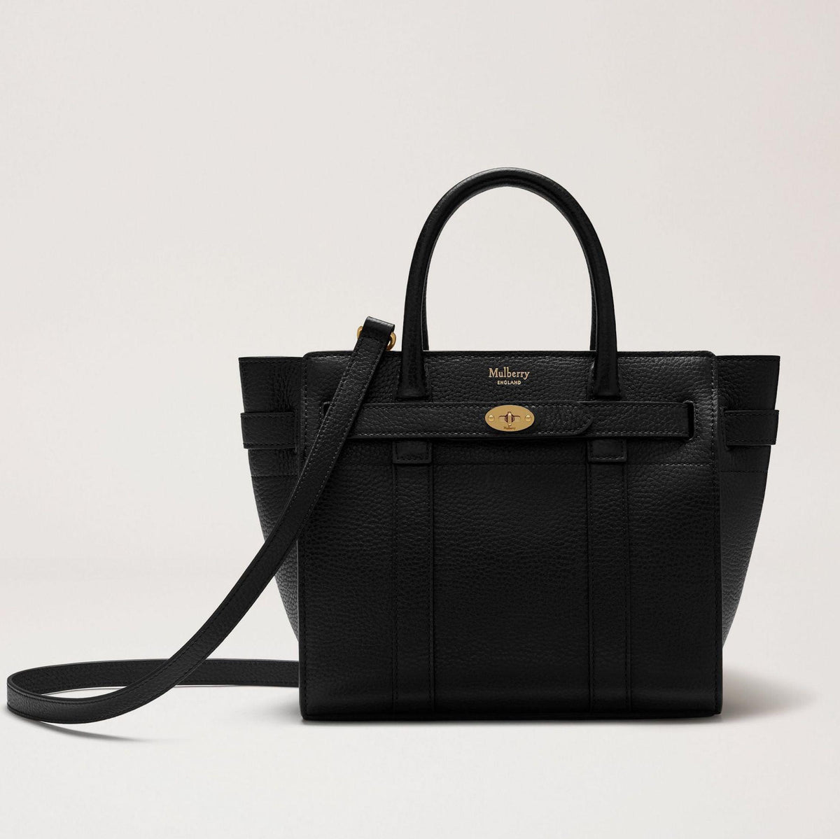 Mulberry Taske Mini Zipped Bayswater Small Classic Grain Black, sort lædertaske med gulddetaljer og justerbar skulderrem. Model hh4949205a100