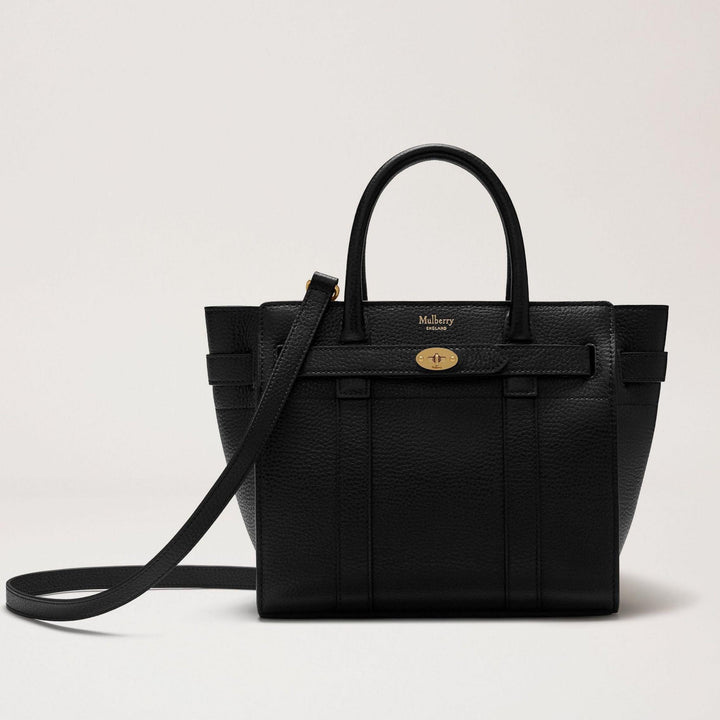Mulberry Taske Mini Zipped Bayswater Small Classic Grain Black, sort lædertaske med gulddetaljer og justerbar skulderrem. Model hh4949205a100