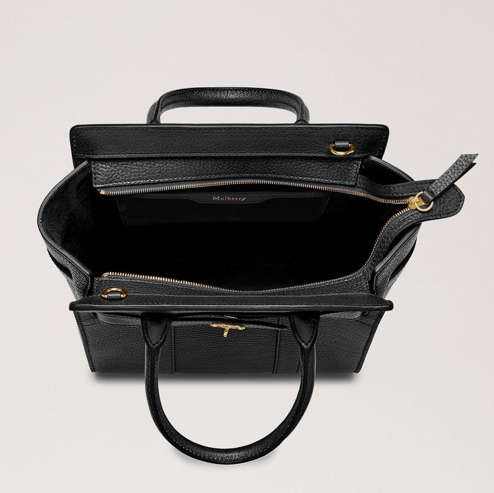 Mulberry Taske Mini Zipped Bayswater Small Classic Grain Black, åben sort lædertaske med guld lynlås og håndtag. Model HH4949205A100
