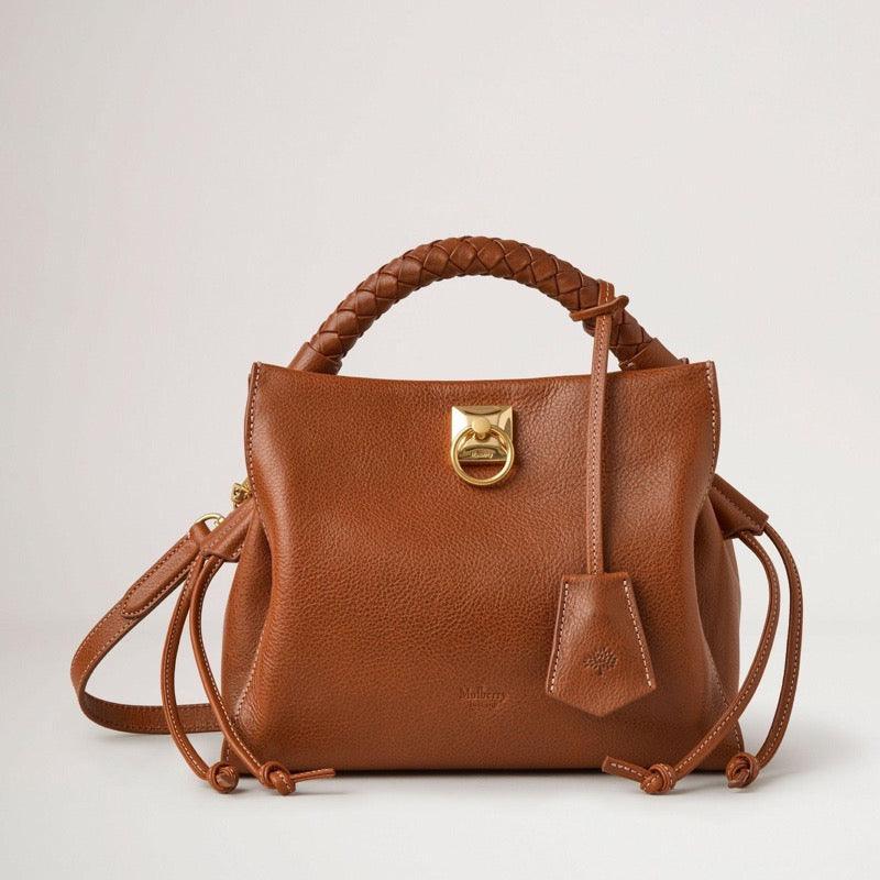 Mulberry Taske Small Iris Legacy NVT Oak, brun lædertaske med flettet hank og gulddetaljer. Model HH7949275G110