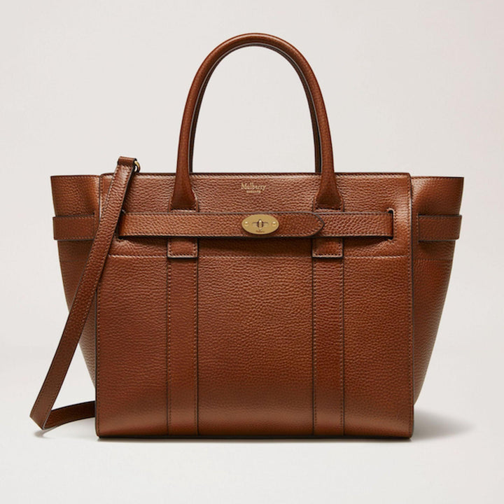 Mulberry Small Zipped Bayswater taske i brun oak læder, frontvisning, model DK21376