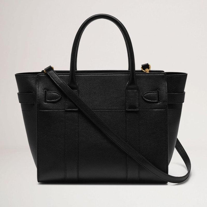 Mulberry Taske Small Zipped Bayswater i sort, klassisk grain-læder, set forfra med hank og skulderrem. Model hh4406205a100