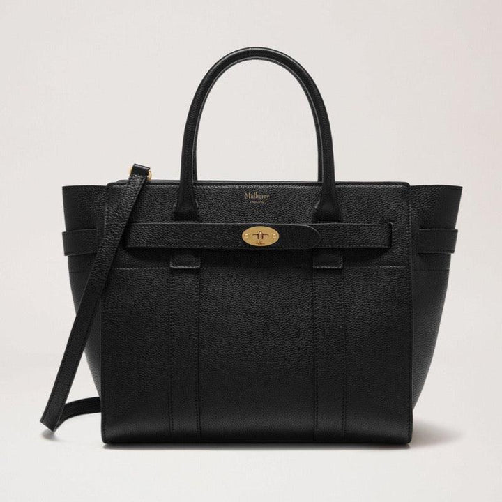 Mulberry Small Zipped Bayswater taske i sort læder, forside med gulddetalje, model 91332