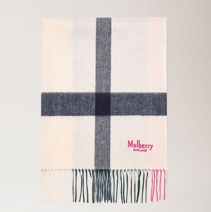 Mulberry Tørklæde Large Merino Wool Scarf 70 x 200, lyst tørklæde med mørke tern og frynser, Model vs4295889h130