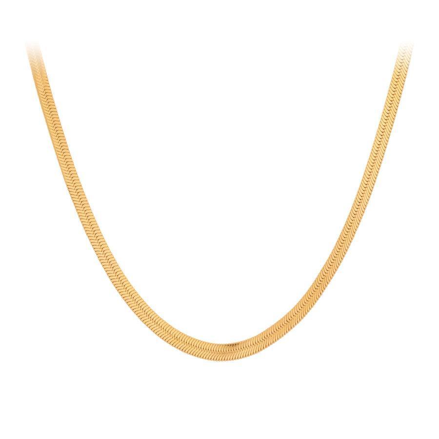Pernille Corydon Thelma Necklace vist som en elegant, flad guldfarvet kæde. Model N-698-GP.